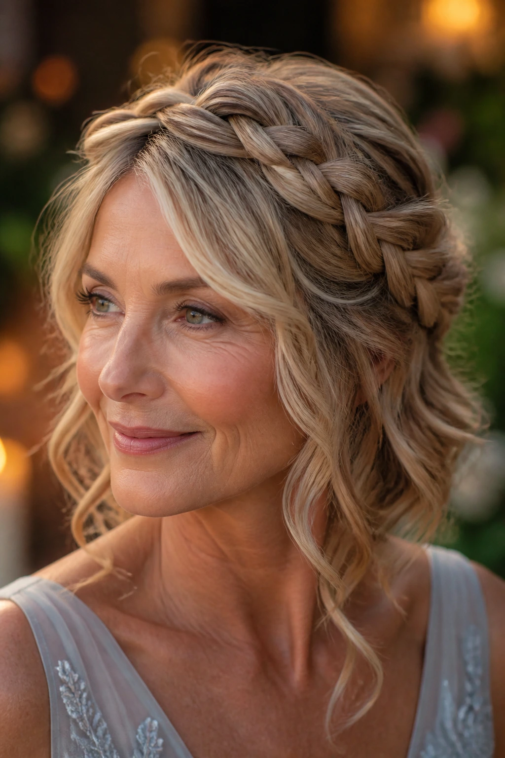 Real woman with a loose braided crown and flowing waves.
