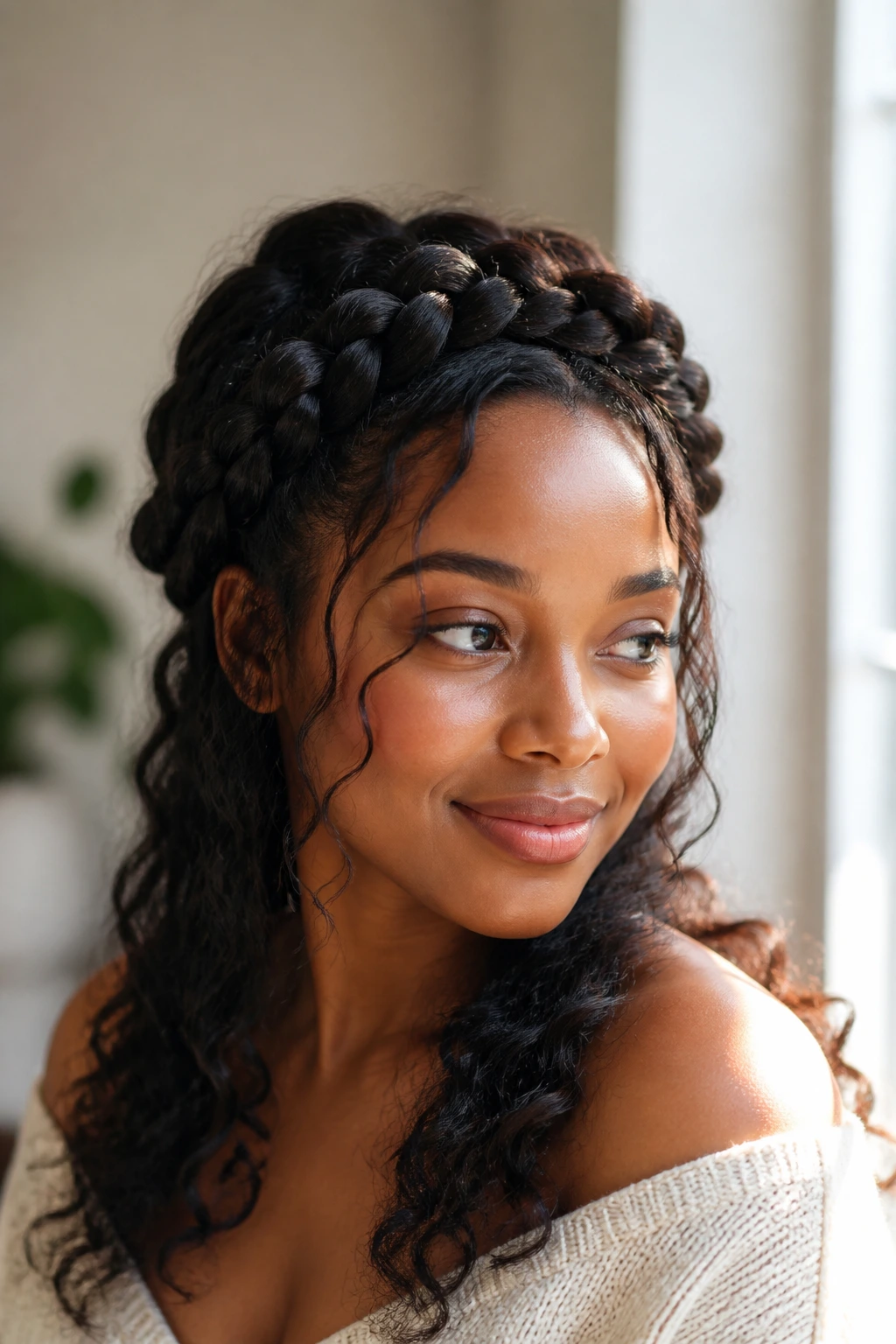 Portrait of a real person wearing a braided crown above the temples with loose ends.