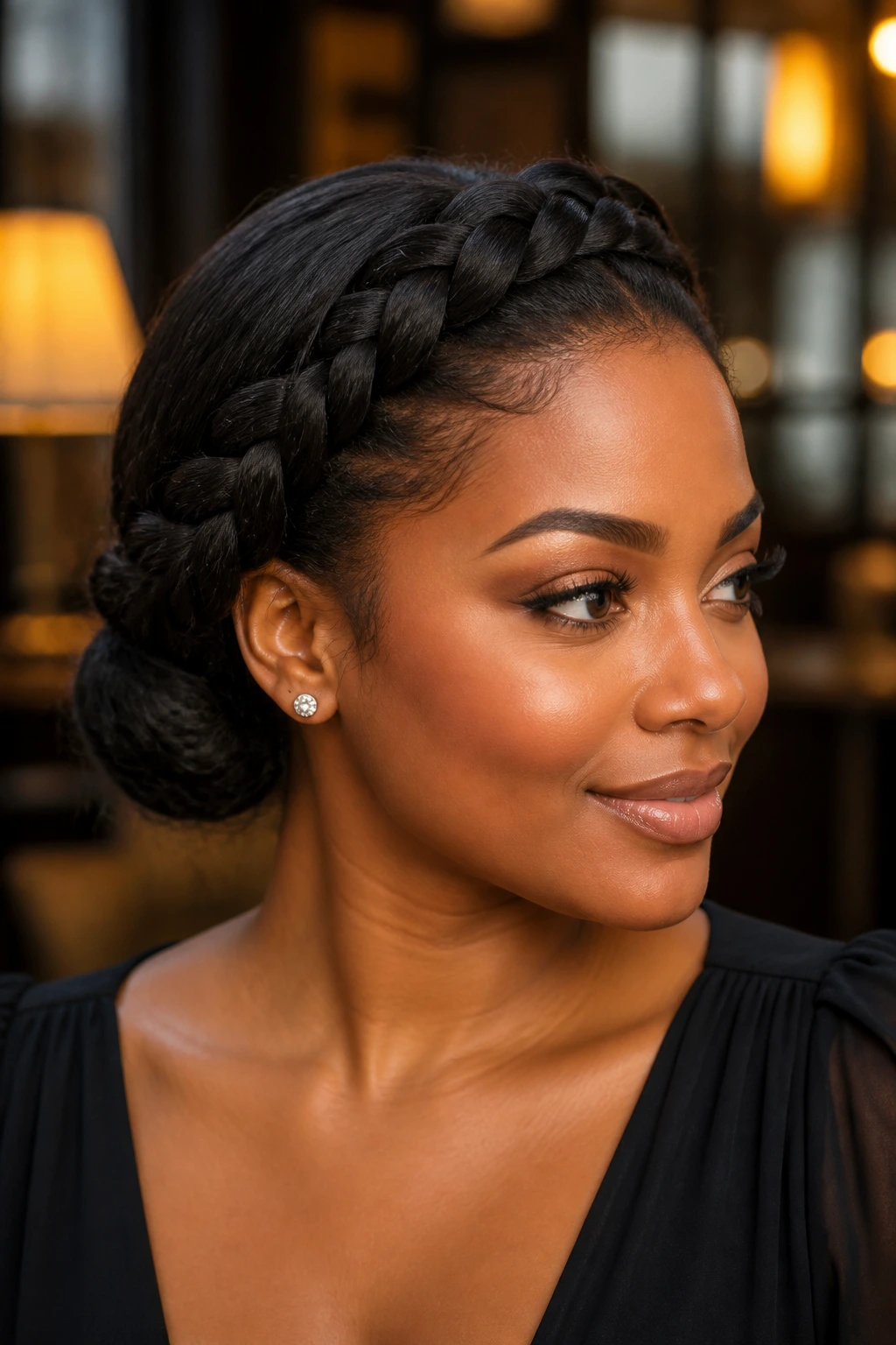 Woman with a braided crown wrapped into a low bun.