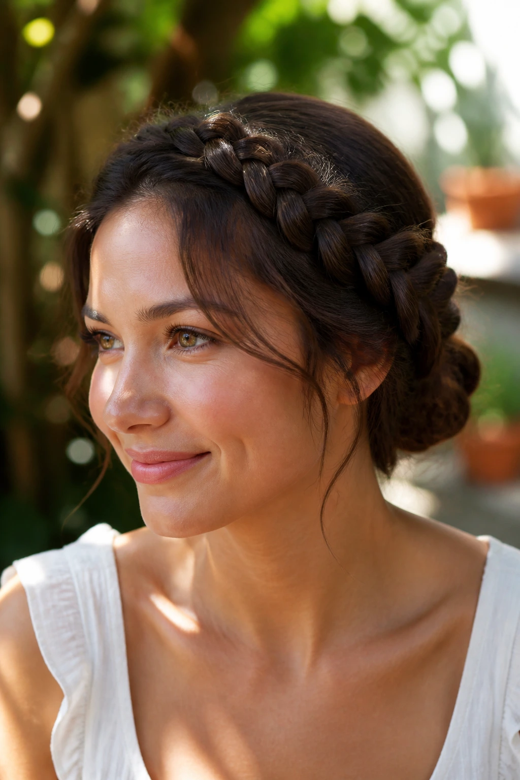 Close-up of a real woman with a braided crown flowing into a low bun at the nape