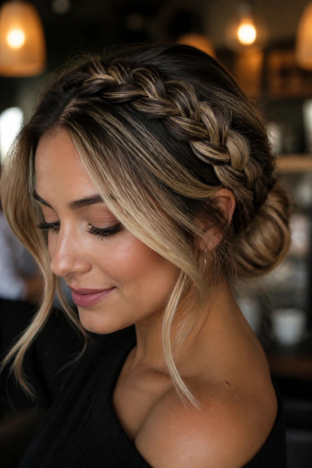 Portrait of a woman with a braided crown flowing into a low bun and money-piece highlights