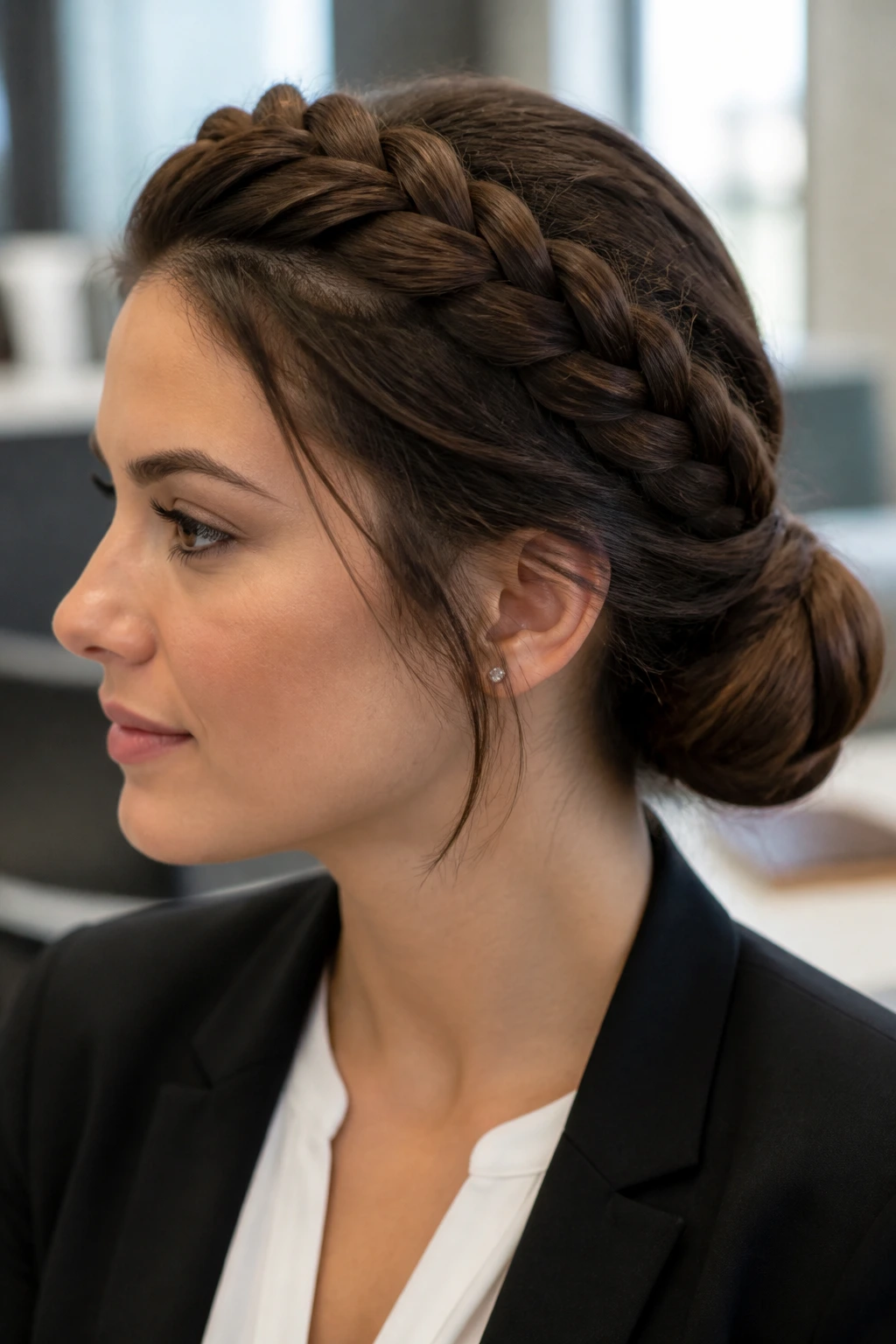 Close-up of a real woman with a braided crown merging into a low bun