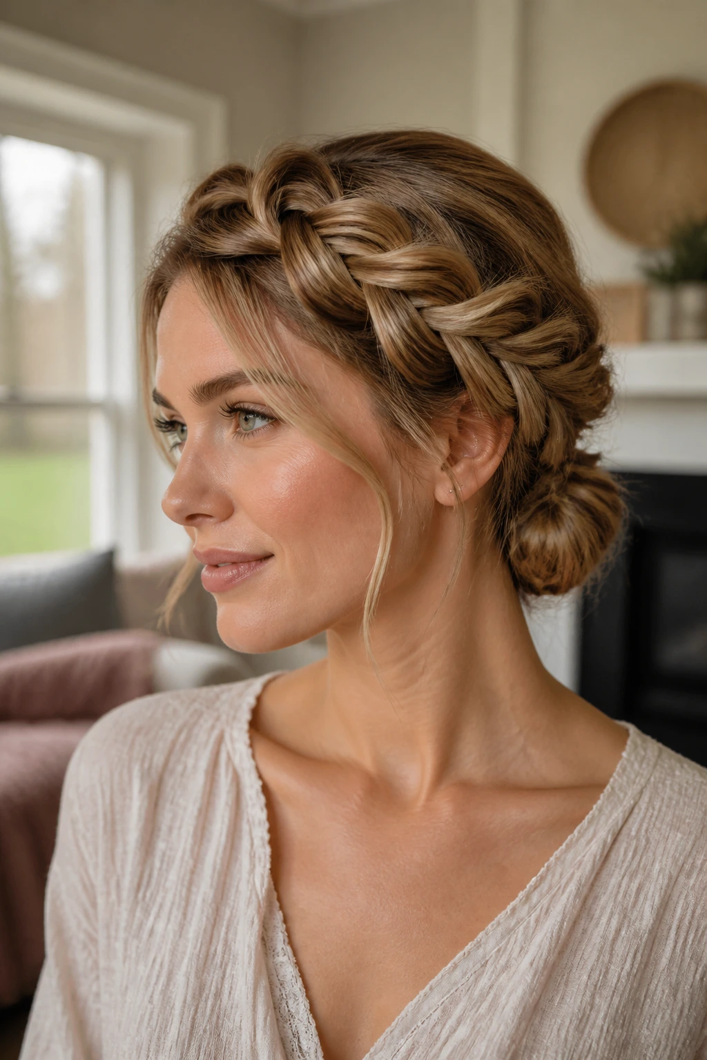 Close-up of a real woman wearing a loose crown braid into a low knot.