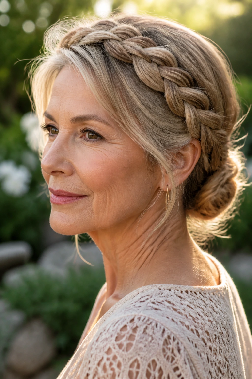 Close-up of a real woman with braided crown and low knot hairstyle, natural garden light
