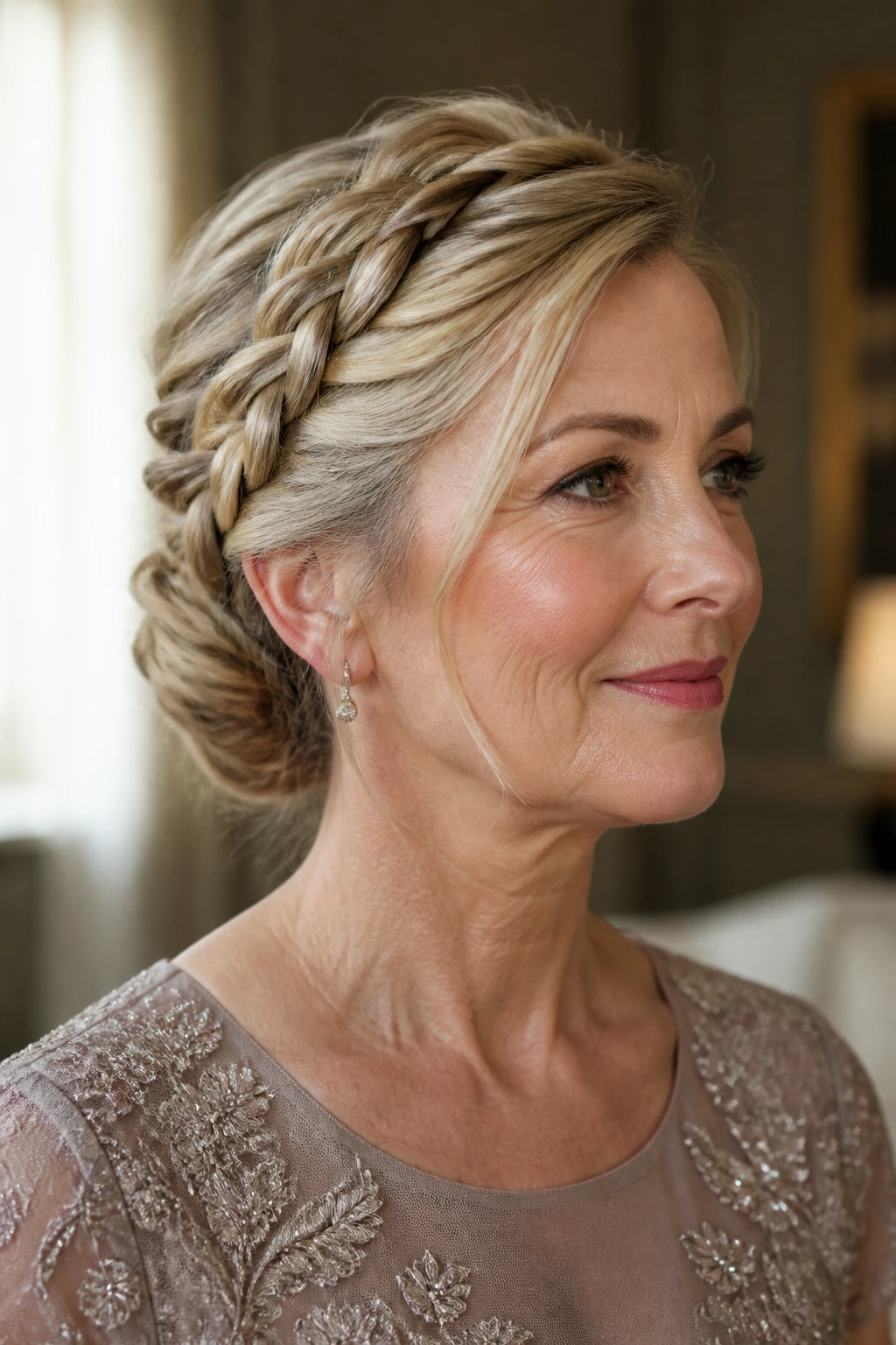 Close-up of a real woman with braided crown into a low knot hairstyle
