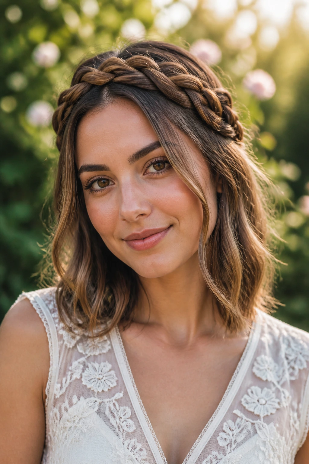 Portrait of a woman wearing a soft braided crown on medium-length hair