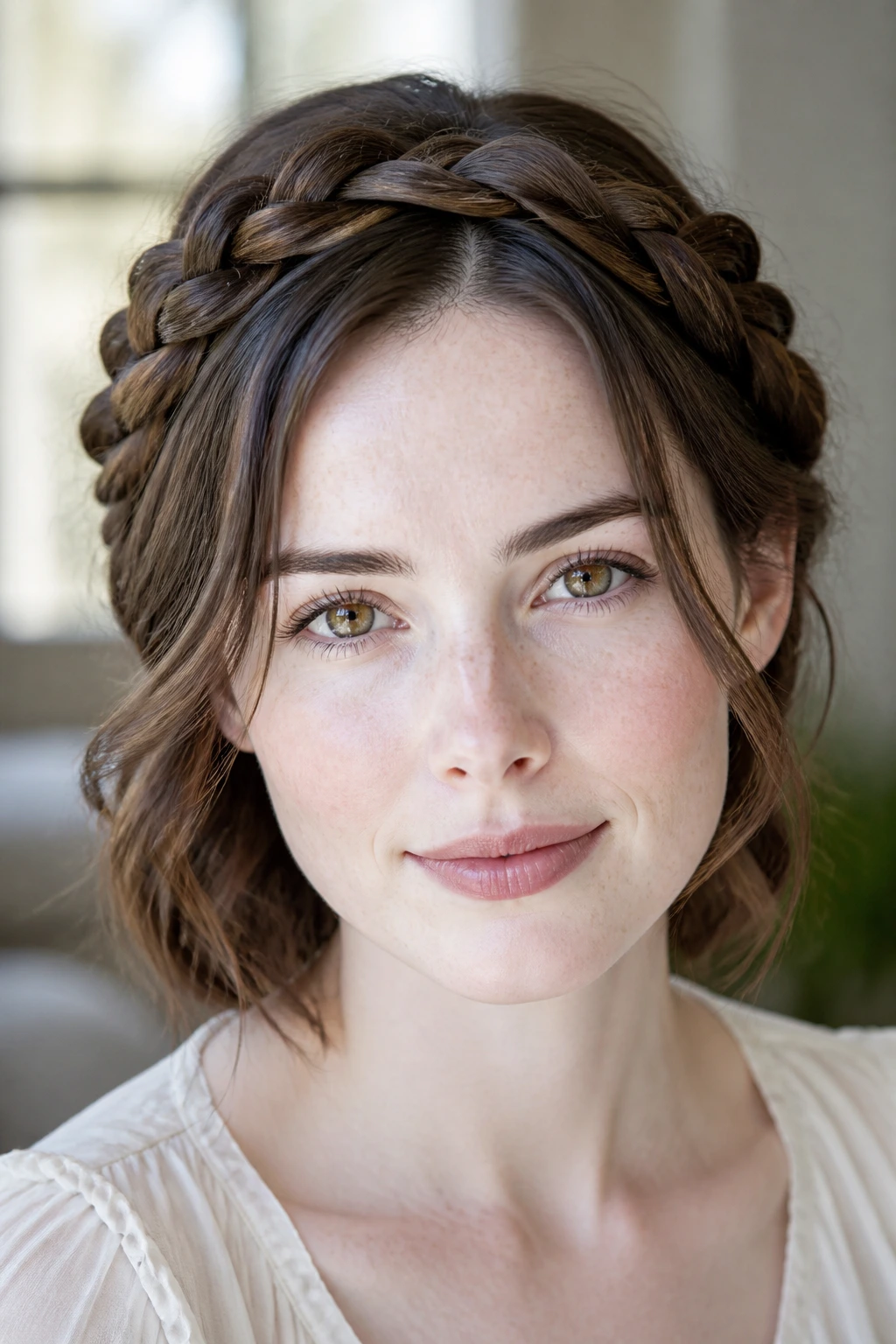 Close-up of woman wearing a soft braided crown on medium brunette hair with loose strands