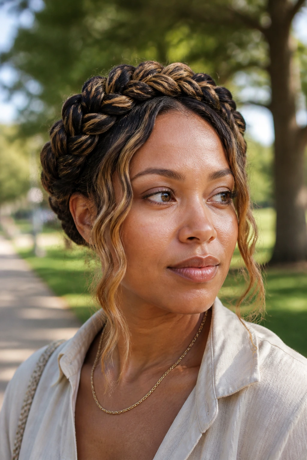 Portrait of a woman with a braided crown and sandy money pieces near temples, sunlit park