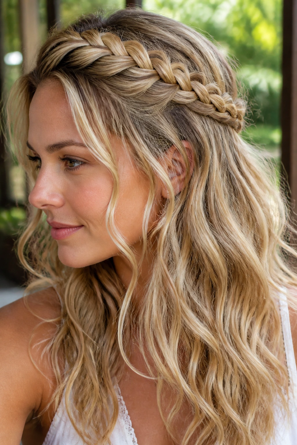 Woman with braided crown and open-ended ends surrounding soft waves.