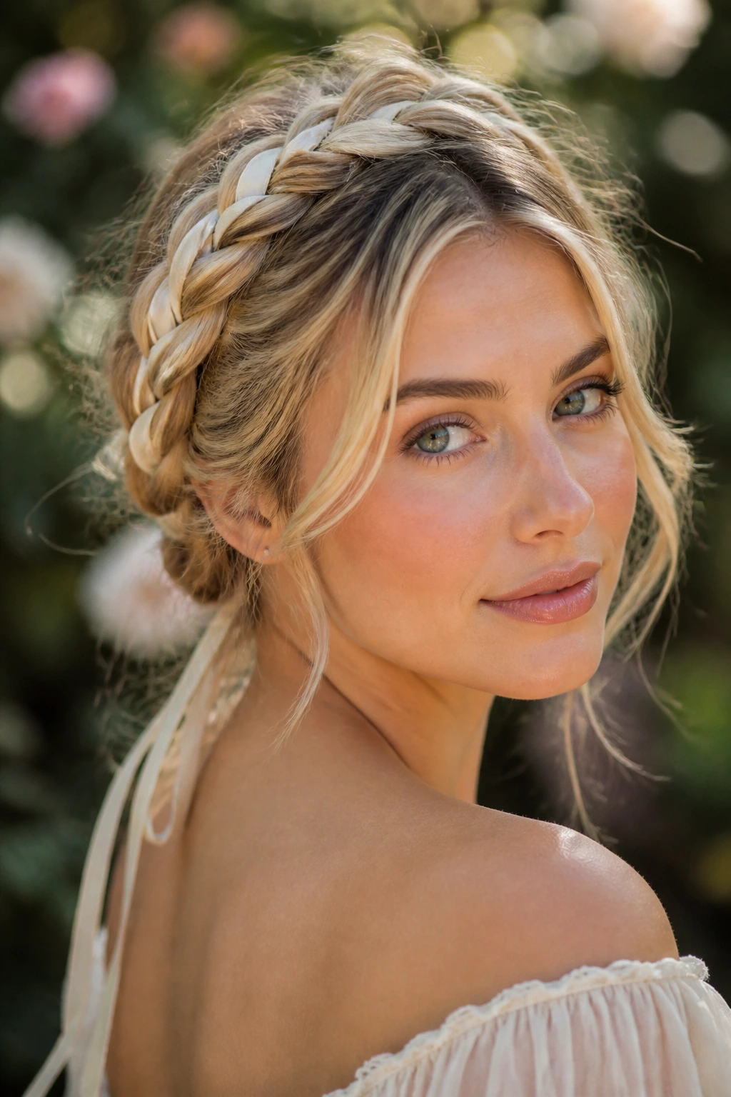 Real woman with braided crown and pale blonde ribbons in garden light.