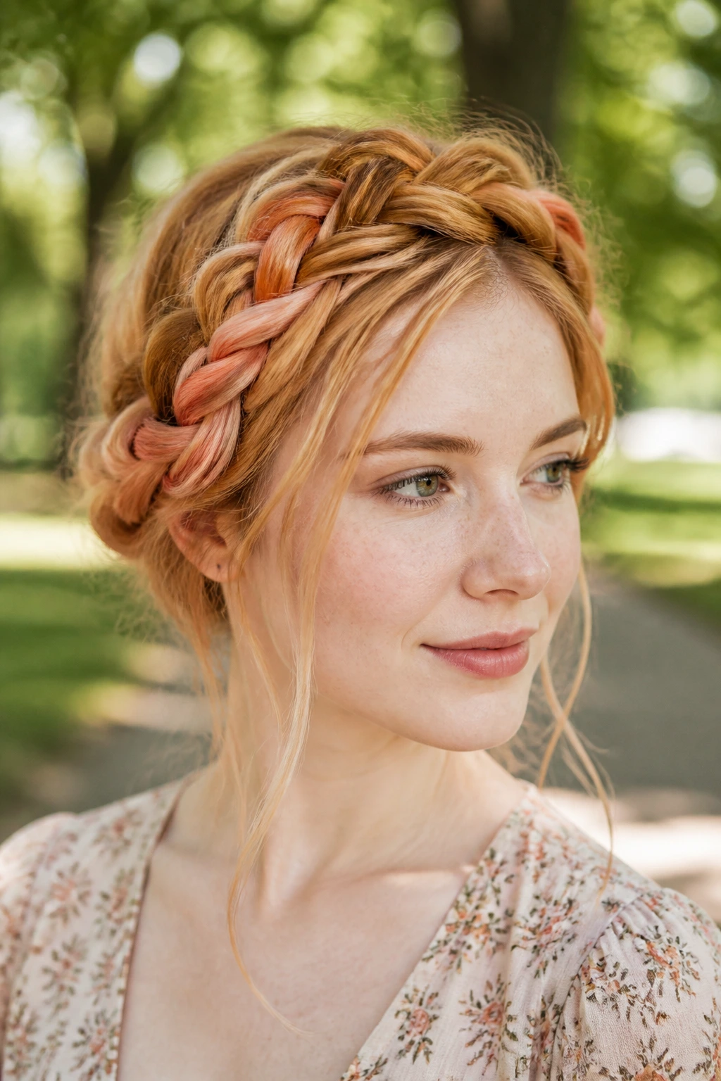 Close-up portrait of a real woman with a braided crown and warm peach highlights in sunlight