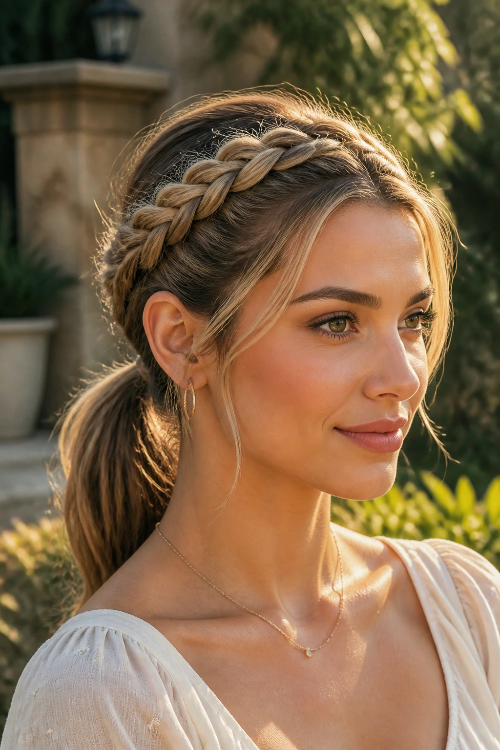 Portrait of a woman wearing a crown braid that leads into a low ponytail.