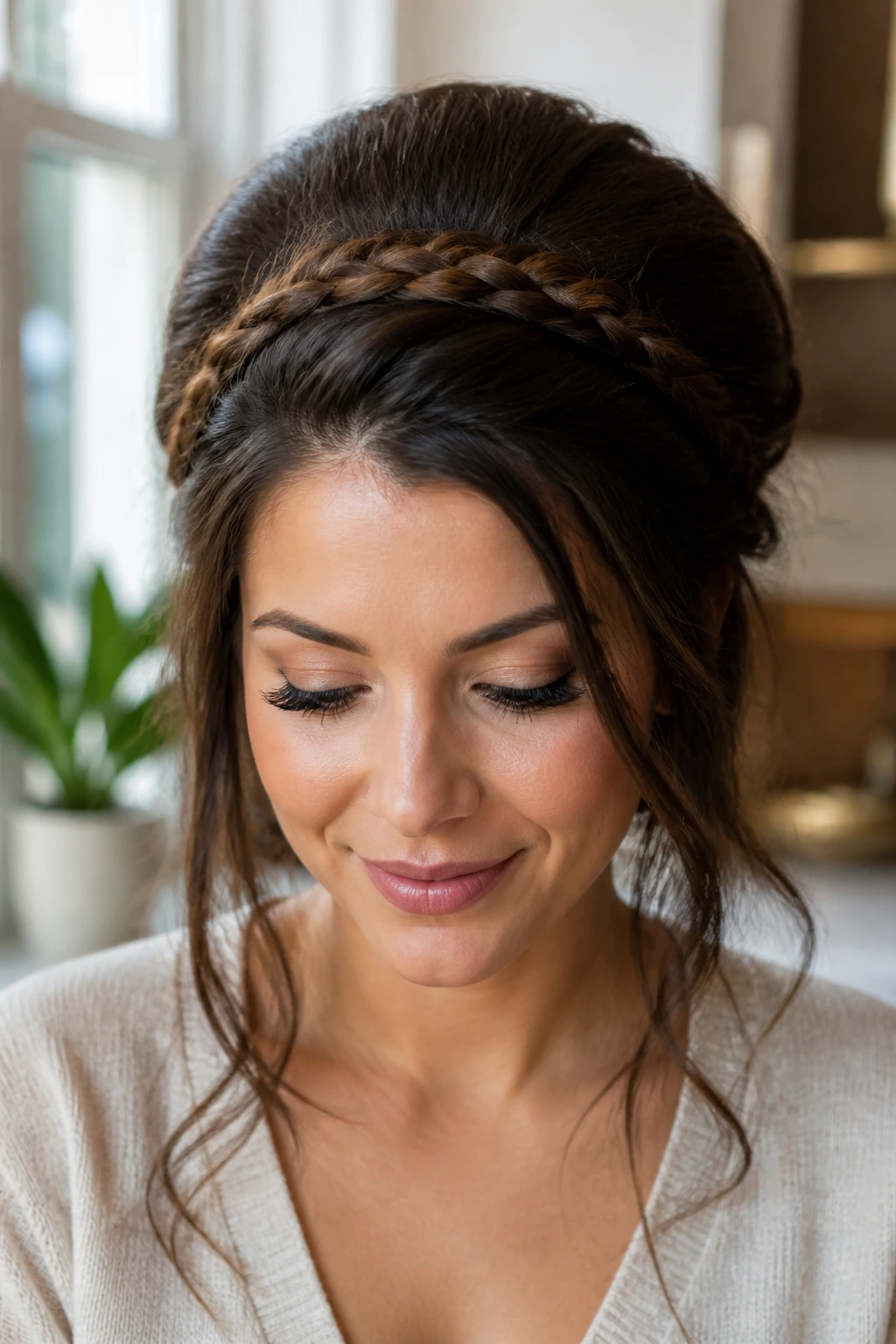 Close-up portrait of a real woman wearing a braided crown poof hairstyle.