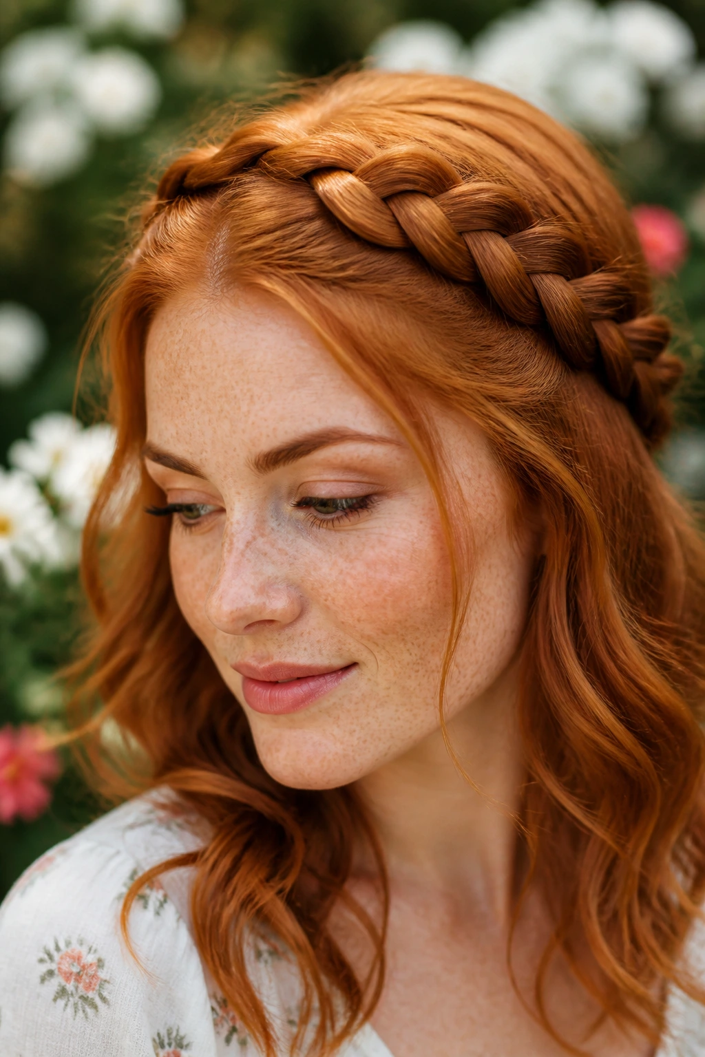 Portrait of a woman with a braided crown in red hair outdoors