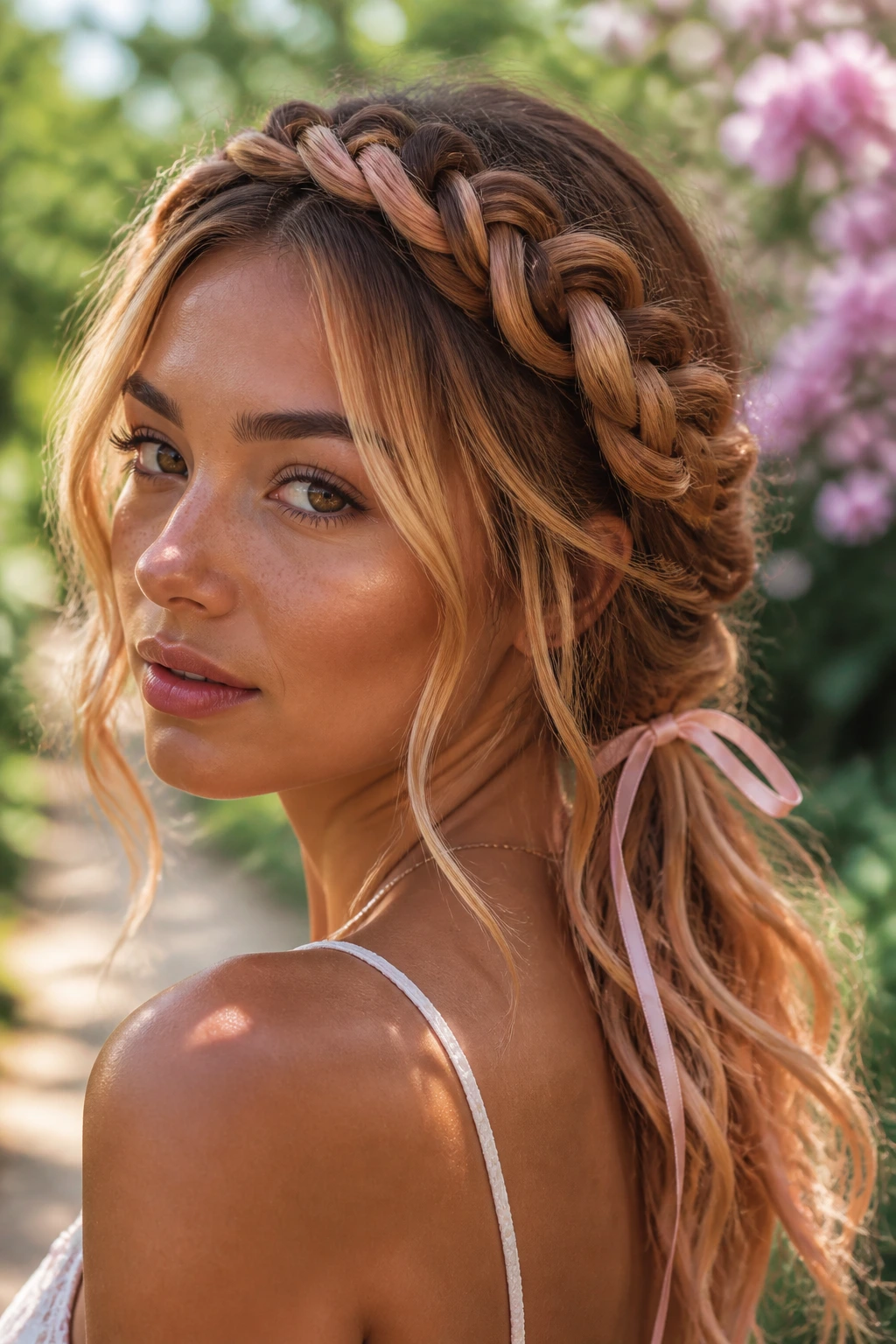 Close-up of a real person wearing a braided crown with ribboned ends in strawberry blonde balayage