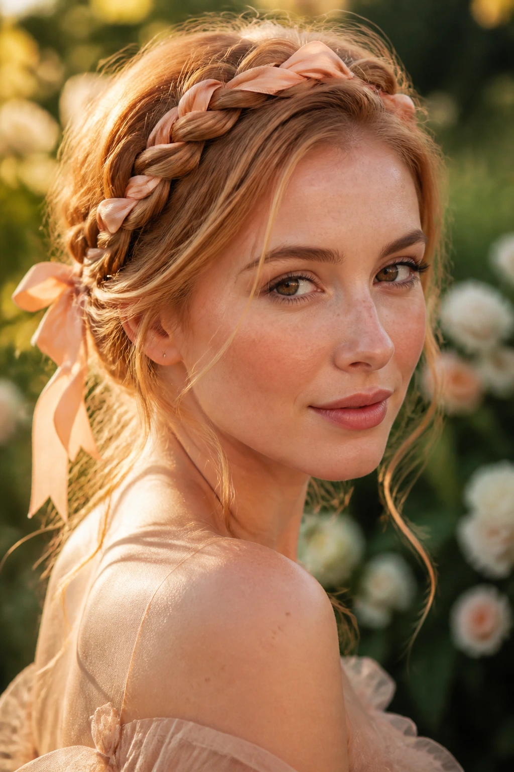 Real woman wearing a loose braided crown with warm ribbons in strawberry blonde hair