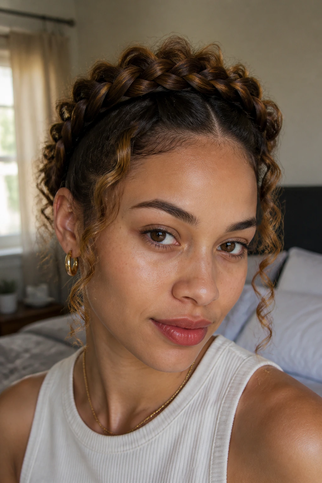 Portrait of real person with braided crown and dark root melt.