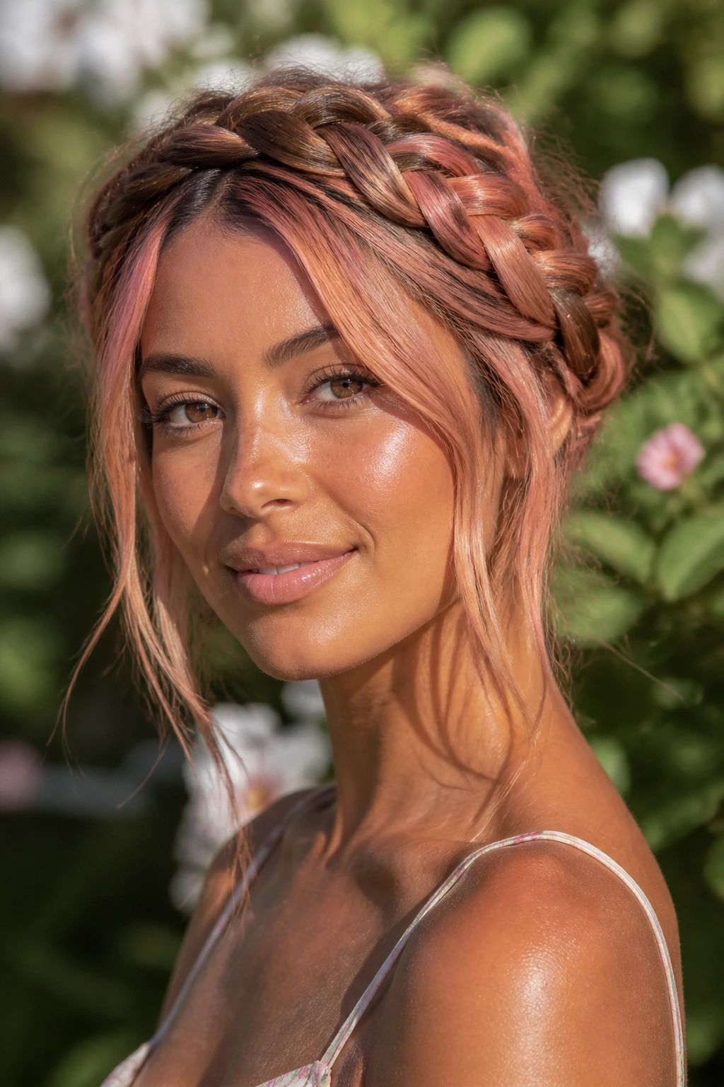 Close-up of a real woman wearing a braided crown with rosé strawberry highlights