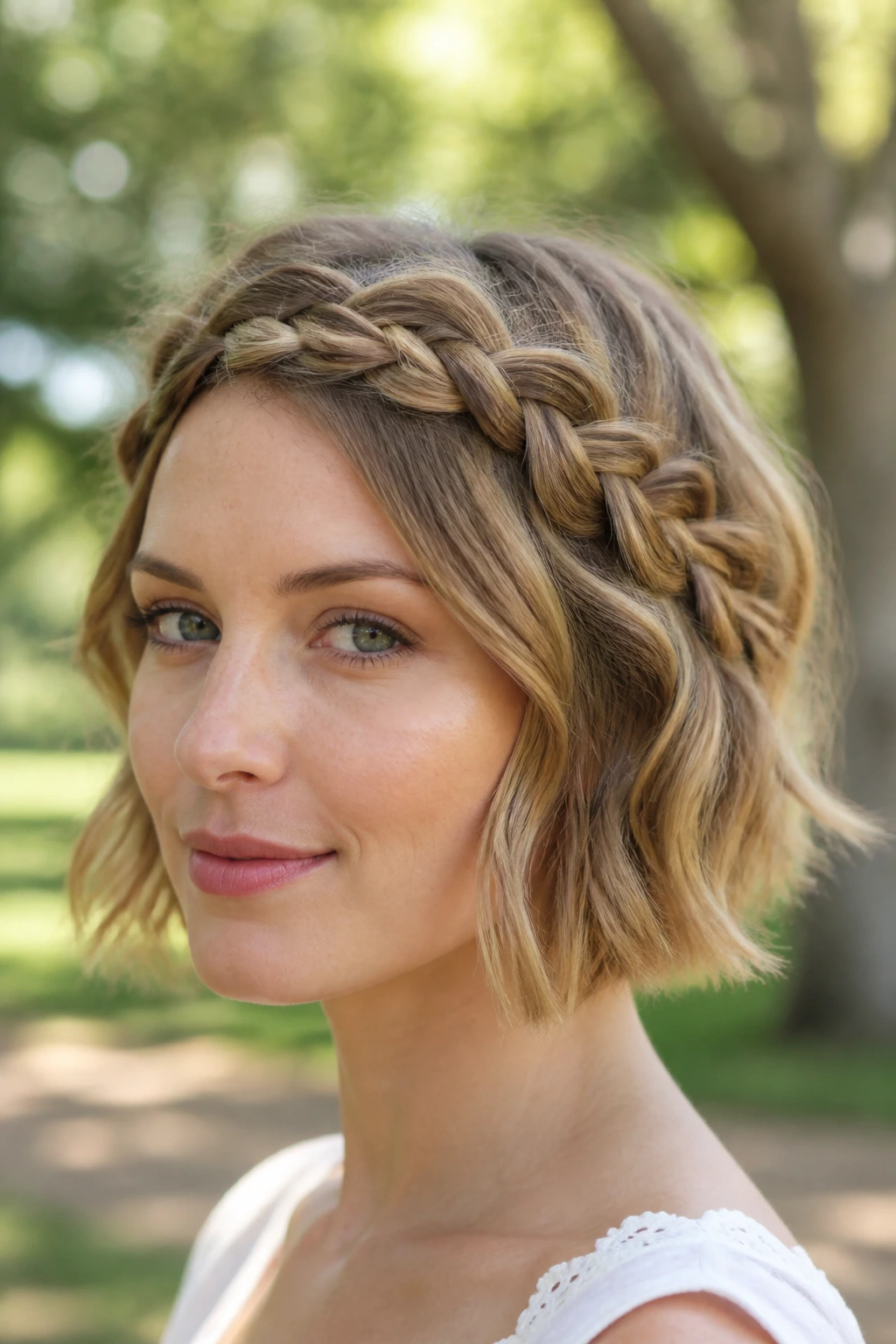 Close-up of a real woman with a braided crown on a short bob
