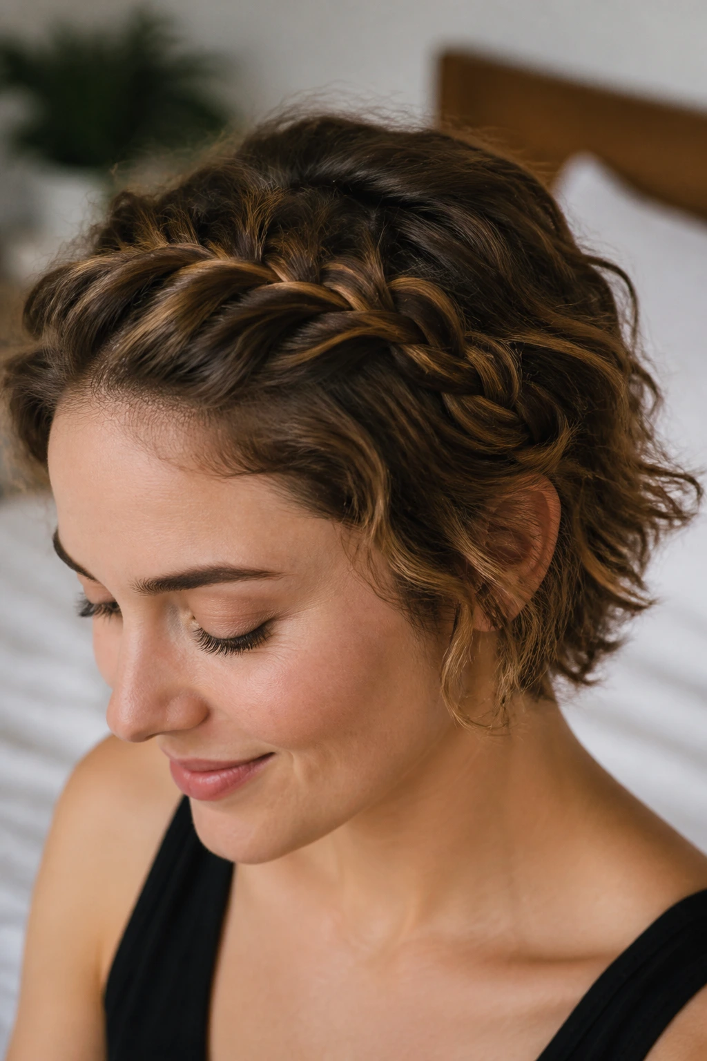 Real woman with braided crown along the hairline on short wavy hair