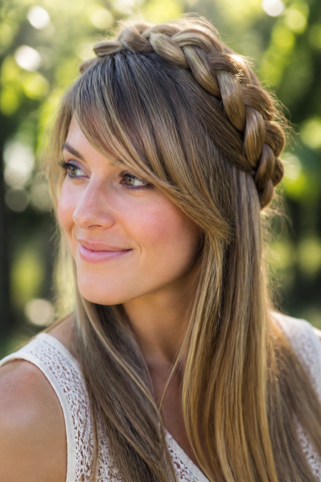 Portrait of a woman with a braided crown and side-swept bangs.