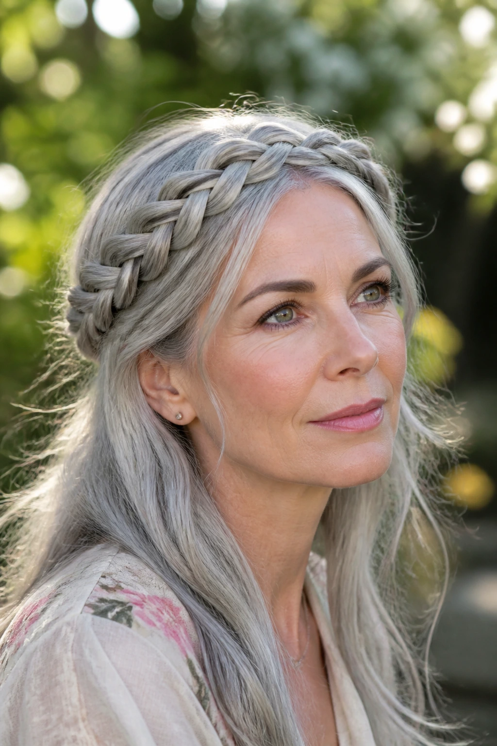 Close-up portrait of a woman with a braided crown on long steel silver hair in a garden light