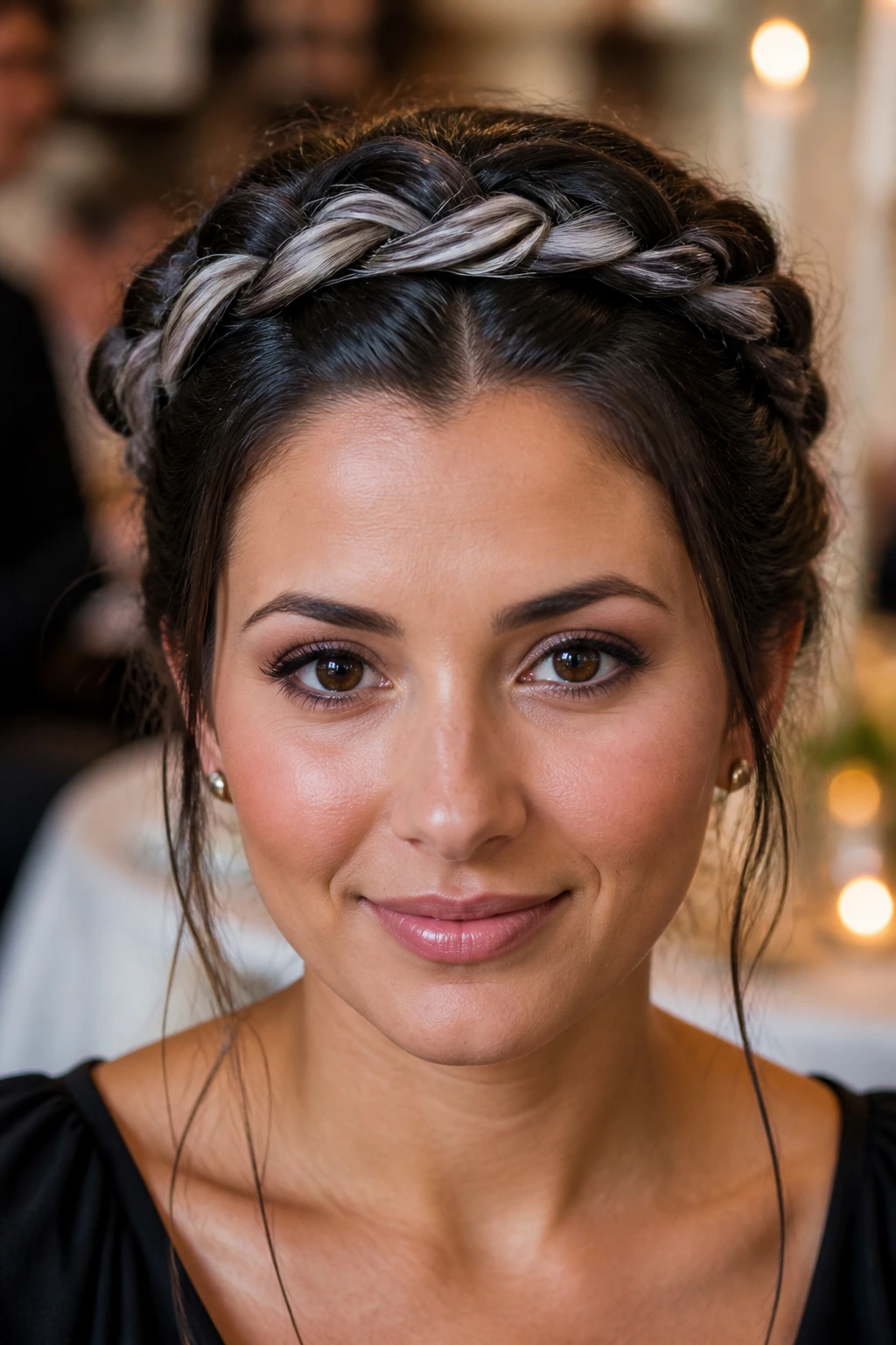 Close-up of a real person with a braided crown and silver accent strands