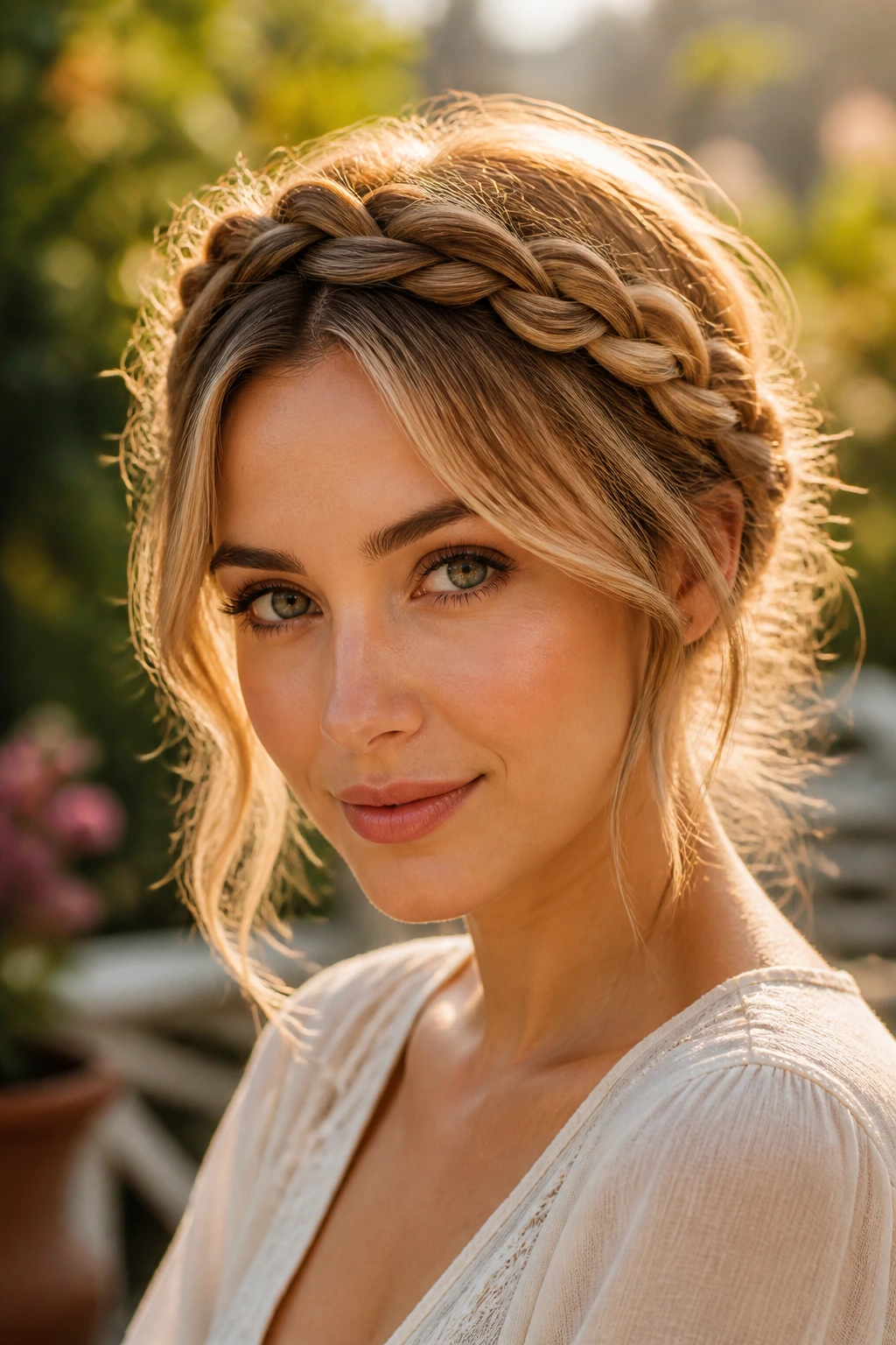 Close-up portrait of a real woman with a braided crown and soft ends framing the face
