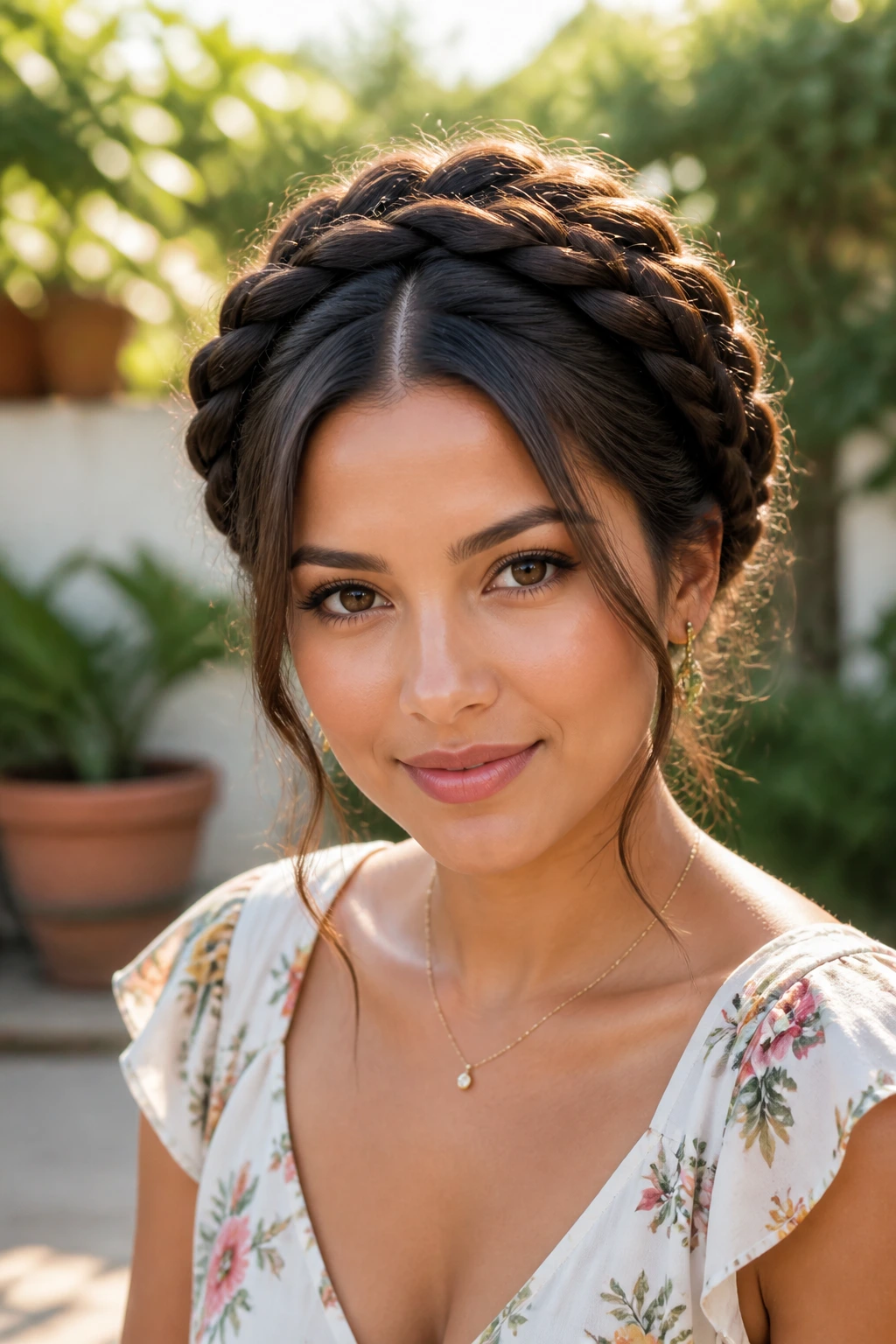 Real woman wearing a soft middle-part braided crown in sunlight.