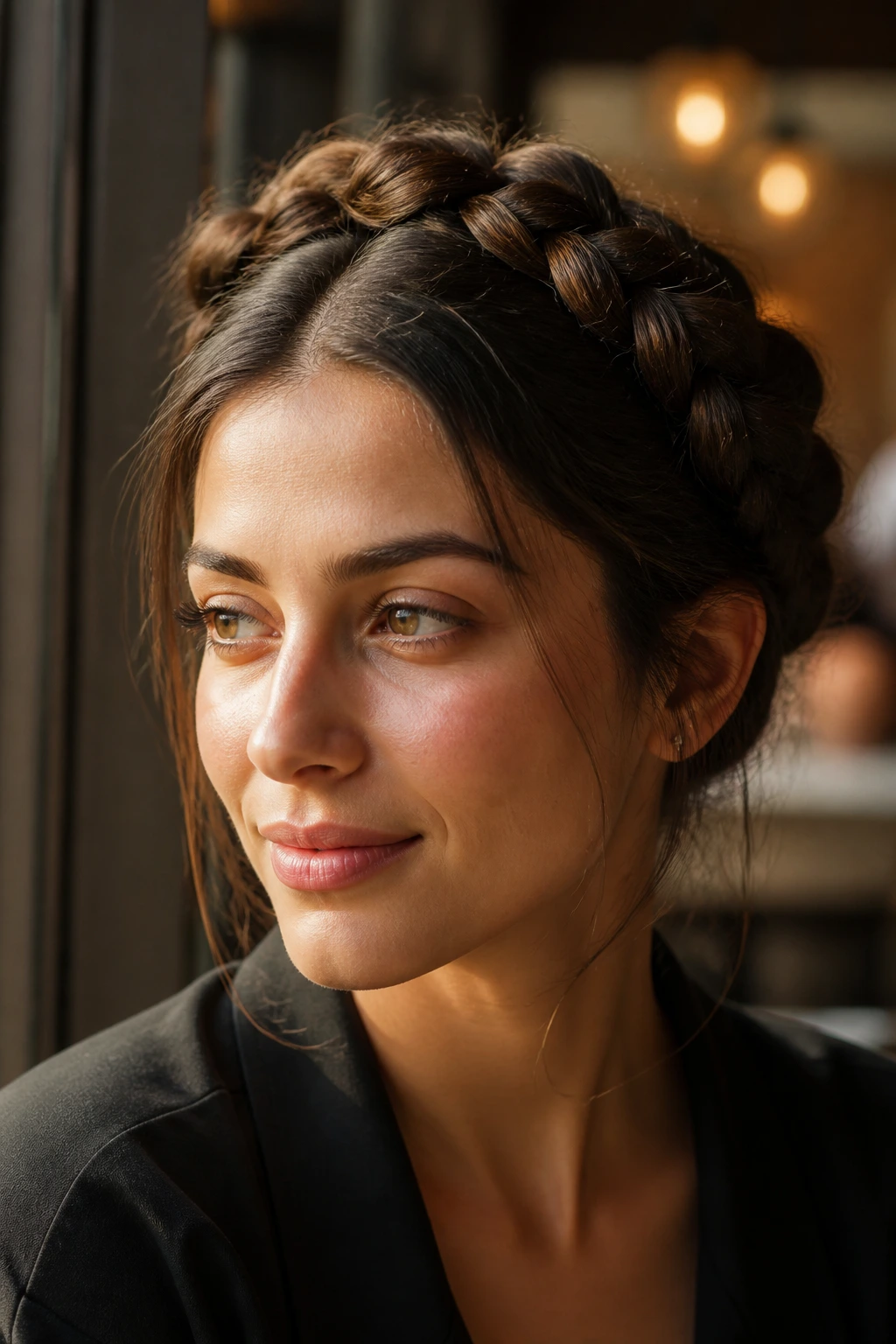 Close-up of a woman with braided crown and soft middle part in warm cafe light