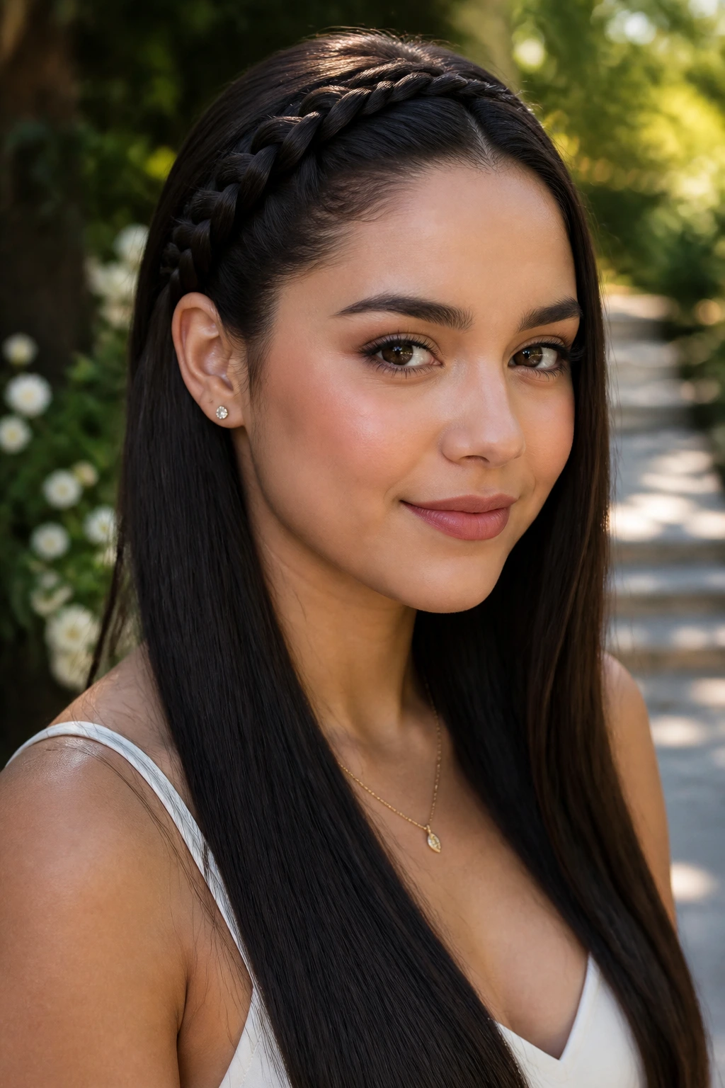 Portrait of a real person wearing a crown braid with long straight hair.