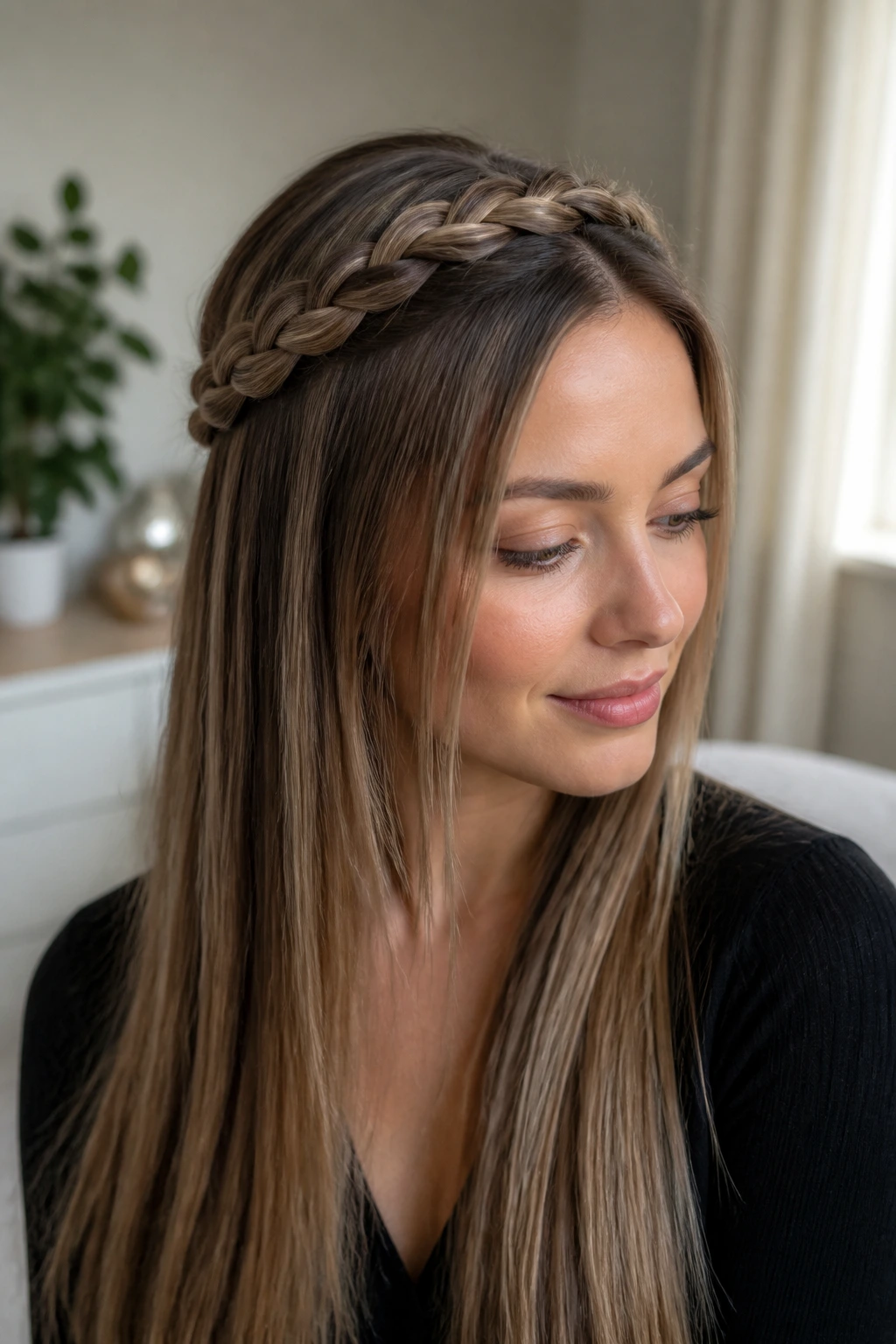 Portrait of a real woman with a slim braided crown and straight sleek lengths.