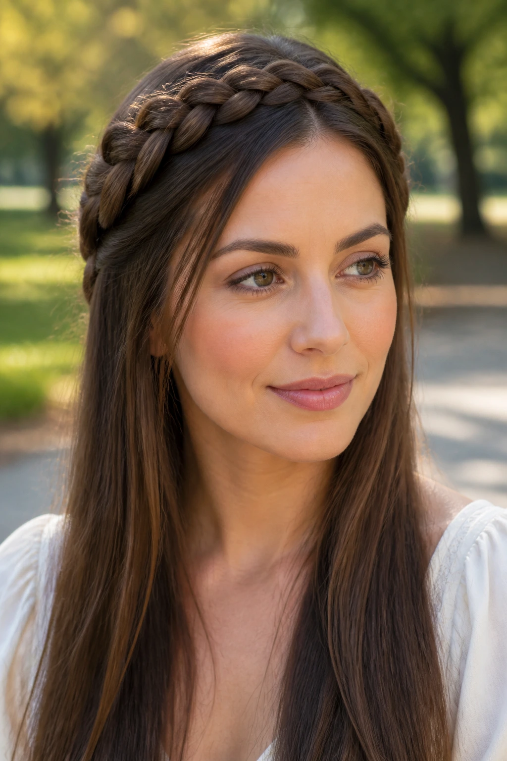 Real woman with crown braid and straight lengths, portrait