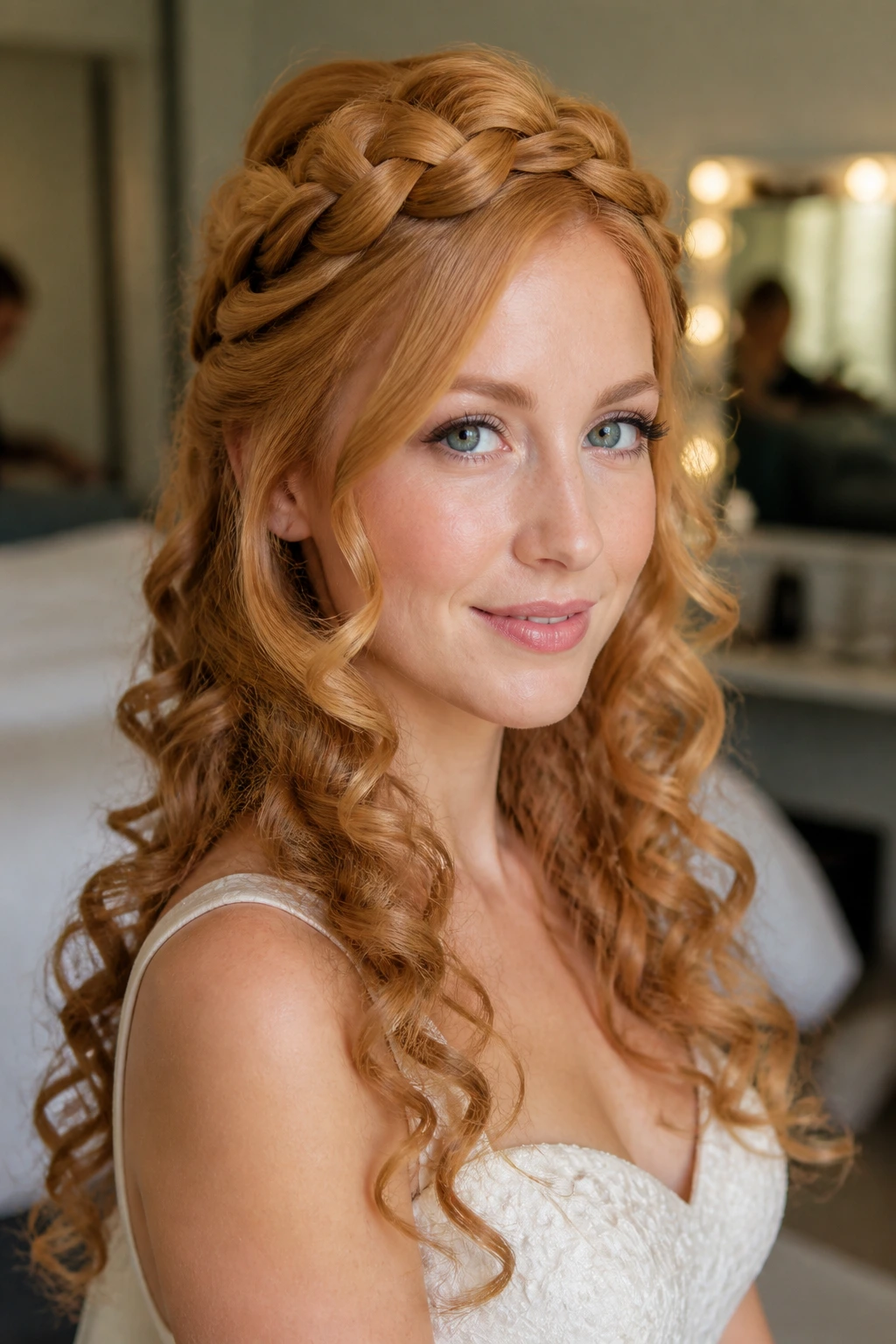 Real woman wearing a braided crown with strawberry-blonde curls