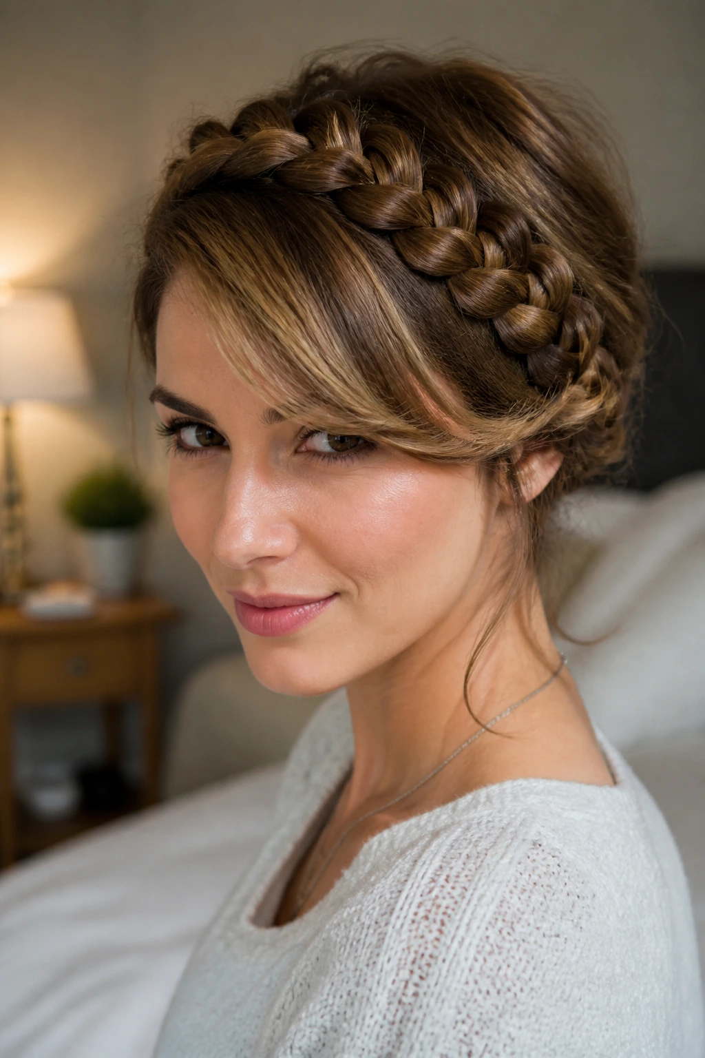 Close-up of a real woman wearing a loose braided crown with swept fringe in warm window light