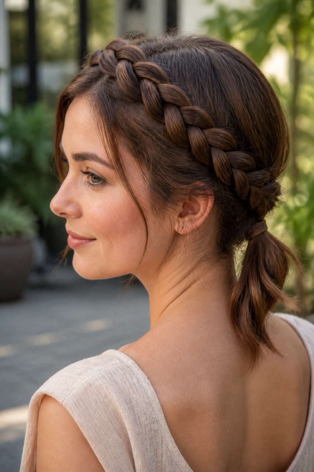 Close portrait of short hair styled in a braided crown with a trailing tail.