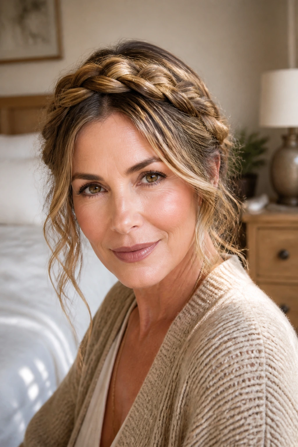 Front/three-quarter view of a woman over 40 with a soft-textured braided crown.