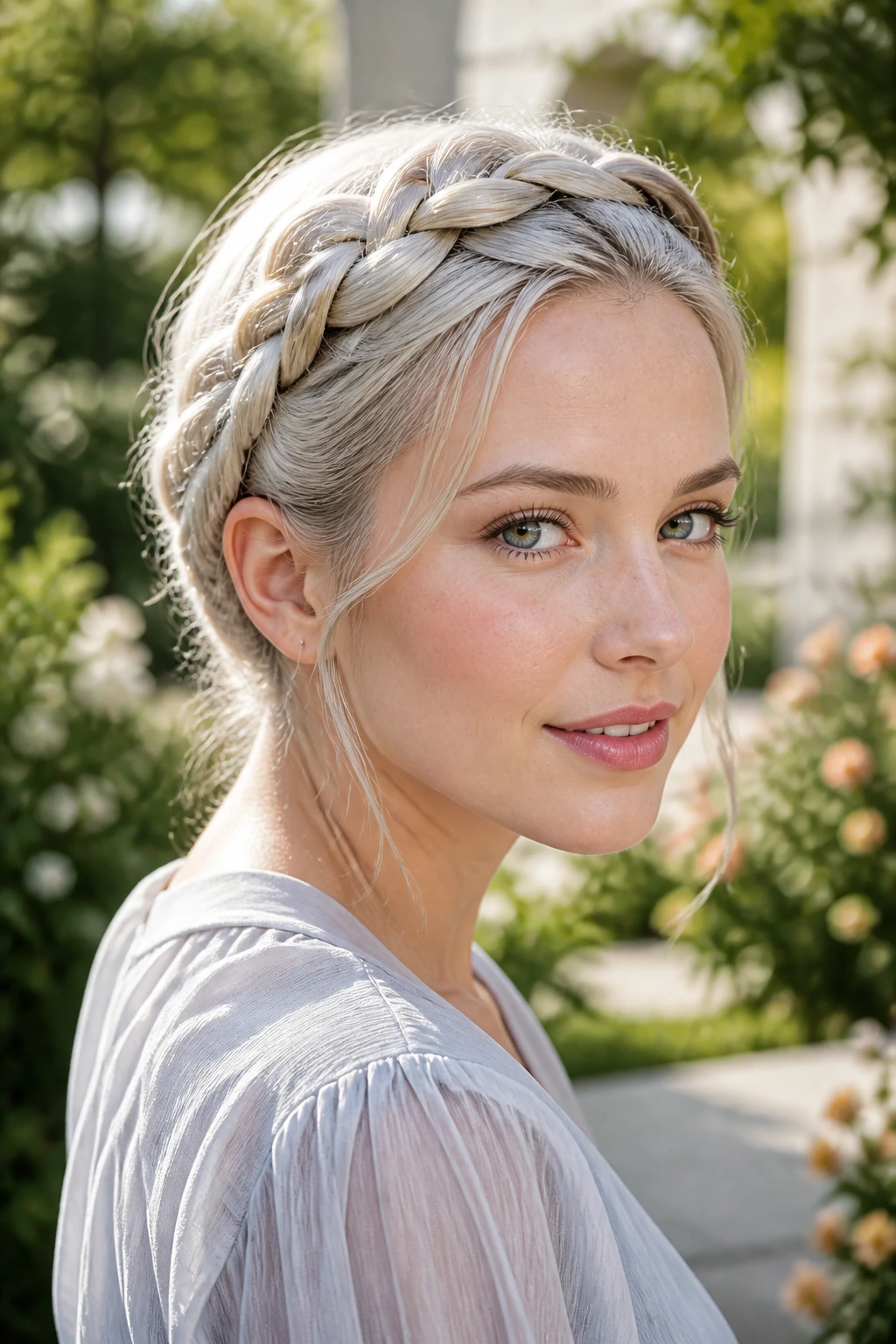 Portrait of a real person with a braided crown in steel blonde