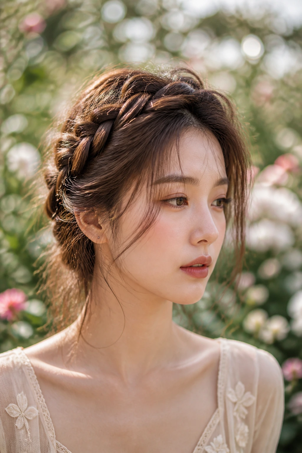 Close-up of a woman wearing a braided crown with textured ends in a garden setting.