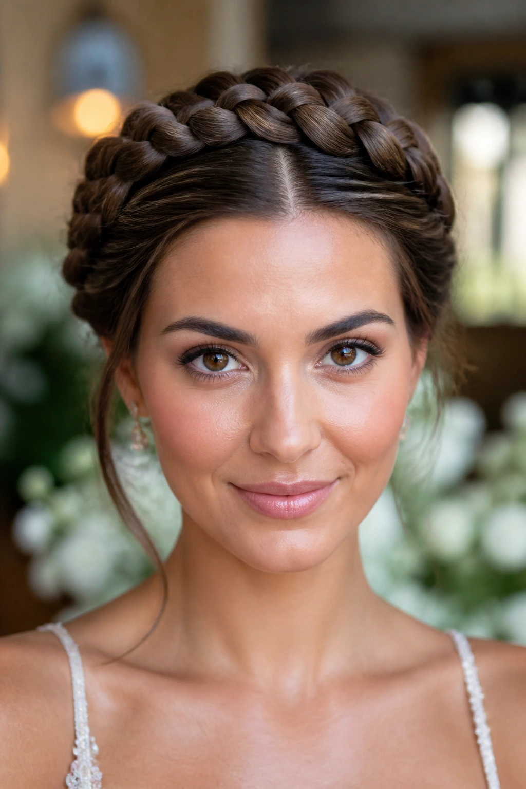 Woman with braided crown and center part