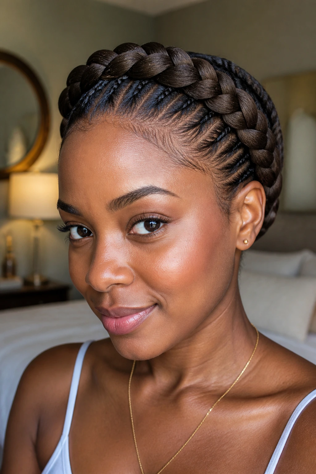 Braided crown with tucked ends framing the head on a real person