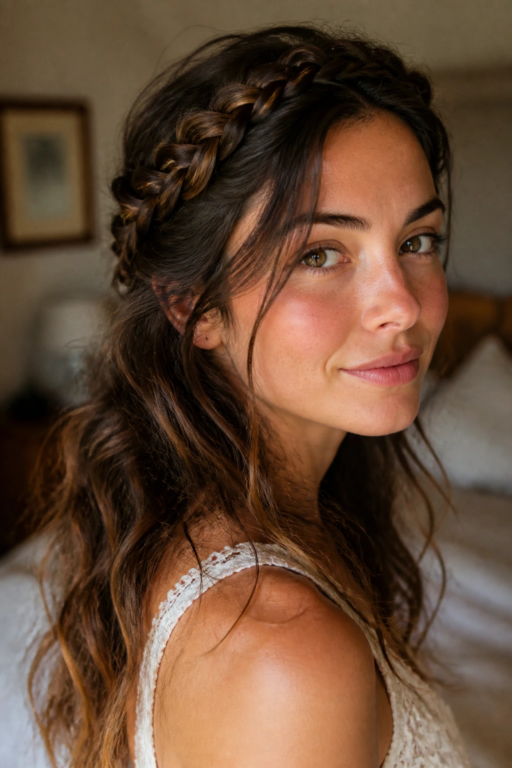 Close-up of a real woman with a braided crown and undone ends, showing wavy hair.