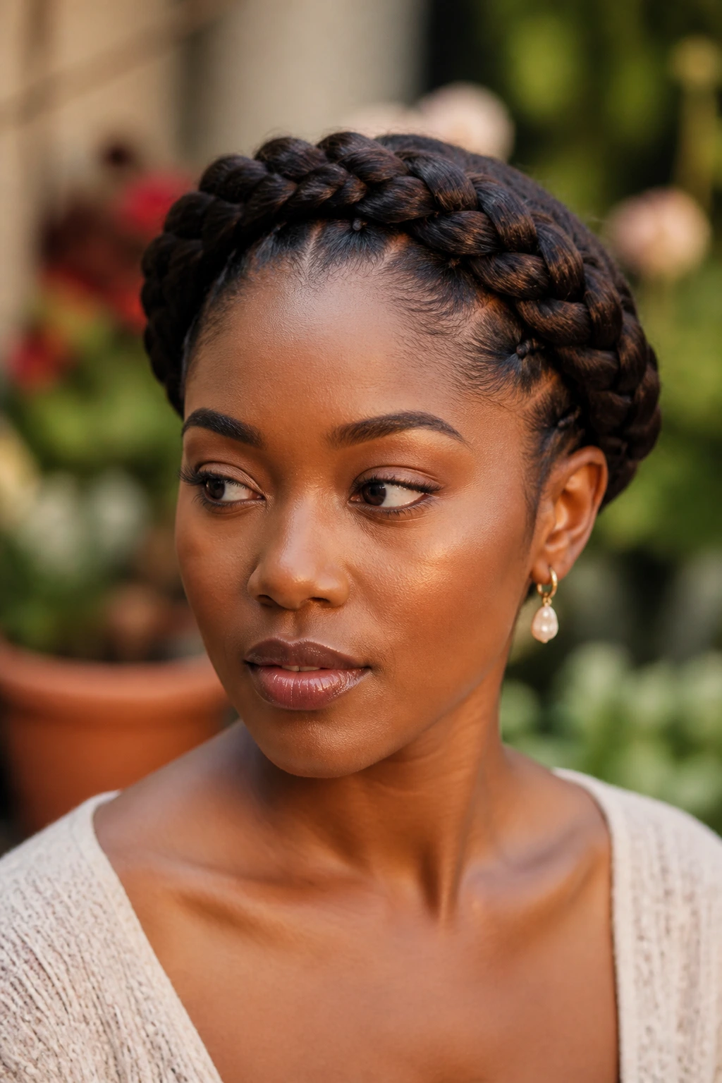 Close-up portrait of a real person wearing a braided crown updo