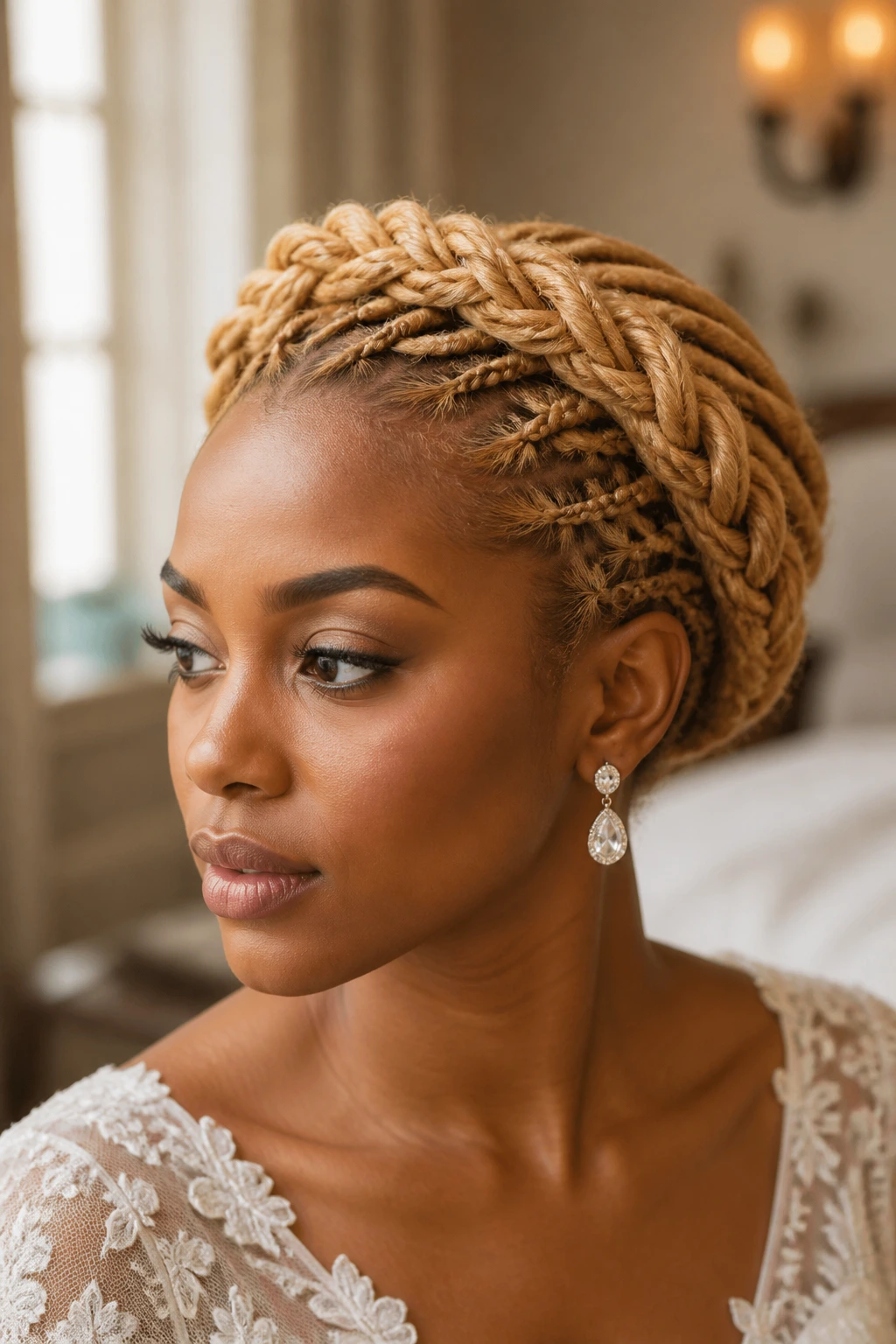 Close-up portrait of a real woman with a braided crown updo on blonde locs