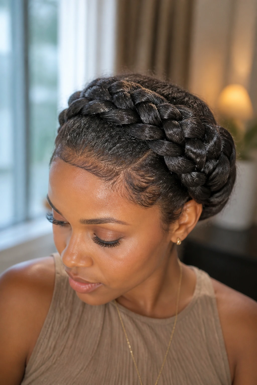Close-up portrait of a real woman with a braided crown updo showing a full crown of braids