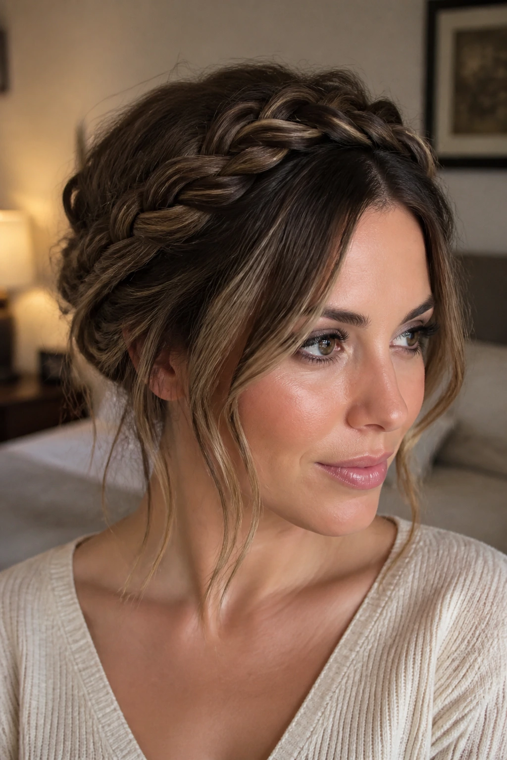Close-up of a real woman with braided crown and soft front veils.