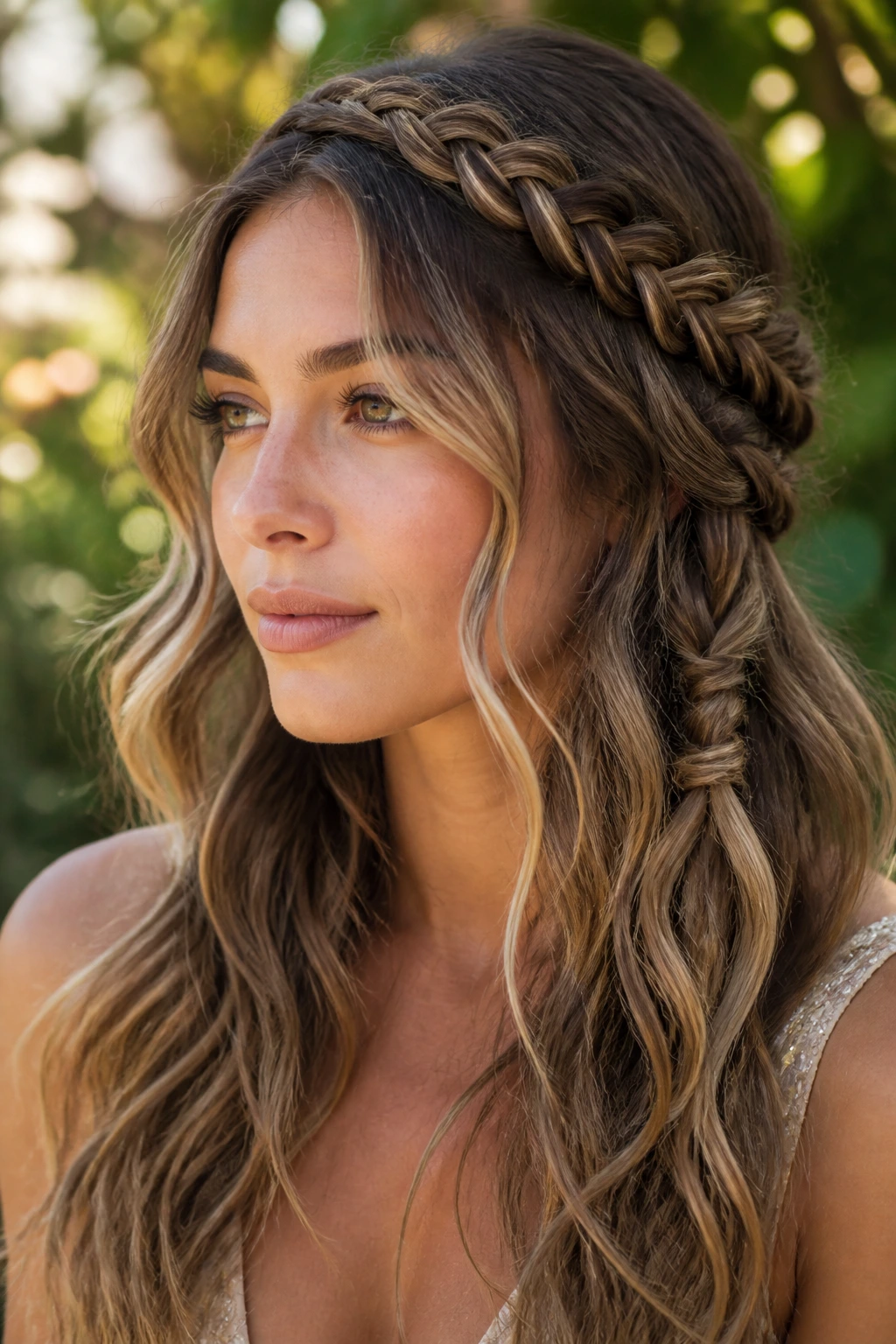 Close-up of a real woman with braided crown waves and loose ends in a sunlit garden
