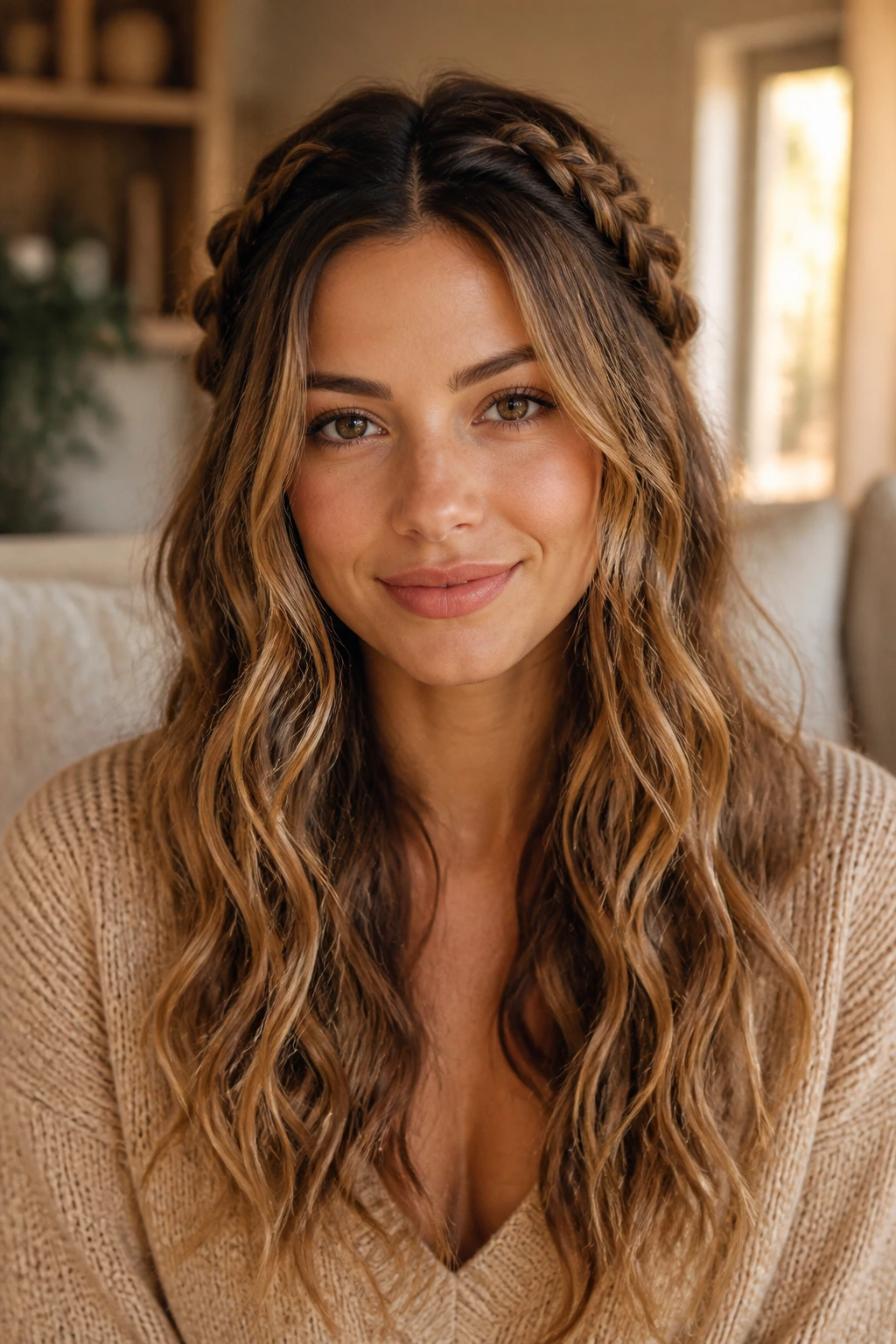 Real woman with braided crown and wavy length ends