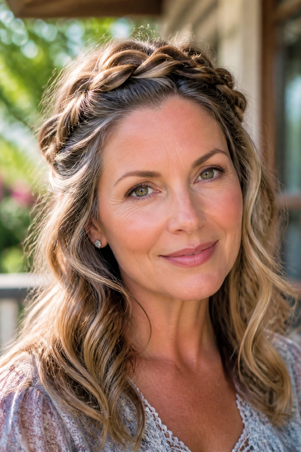 Close-up of a real woman wearing a braided crown with waves in daylight