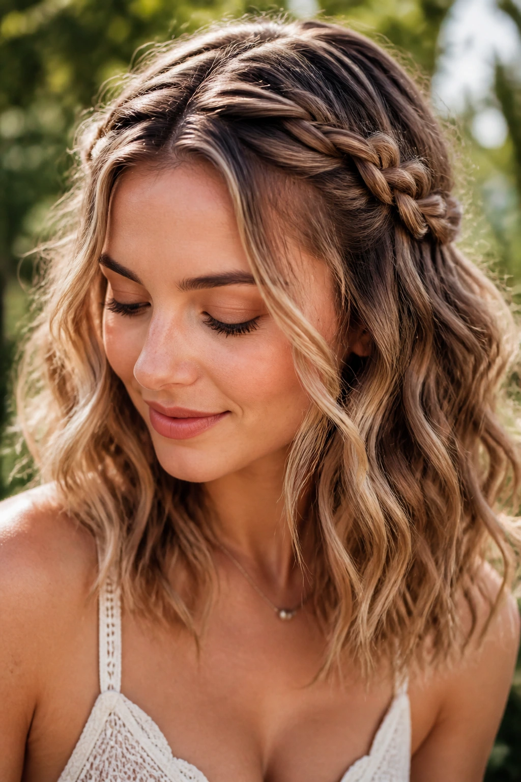 Real woman with loose braided crown waves in garden light.